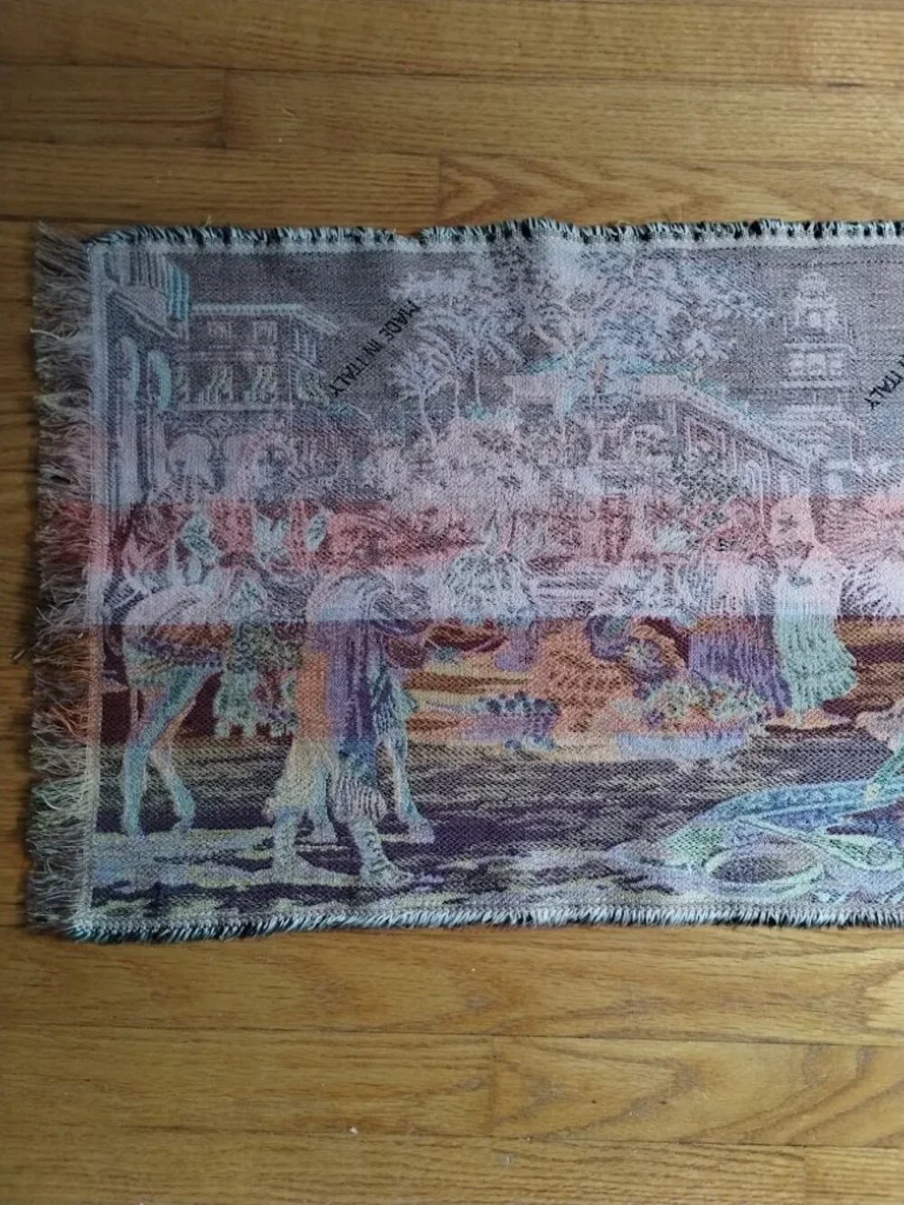 VTG Italian Wall Hanging Wide Tapestry Depicting Town Square Socializing & Party